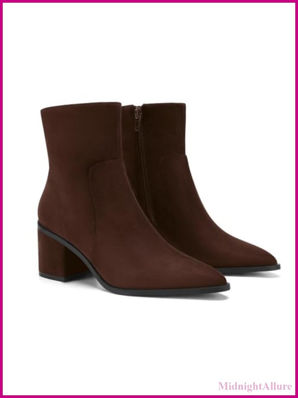 Faux Leather Suede Ankle Boots Chunky Low Heel Pointed Toe Zip Booties